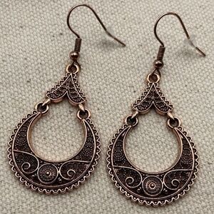Copper Color Ornate Earrings Ethnic Tribal Gypsy Boho Linked Teardrop Dangle